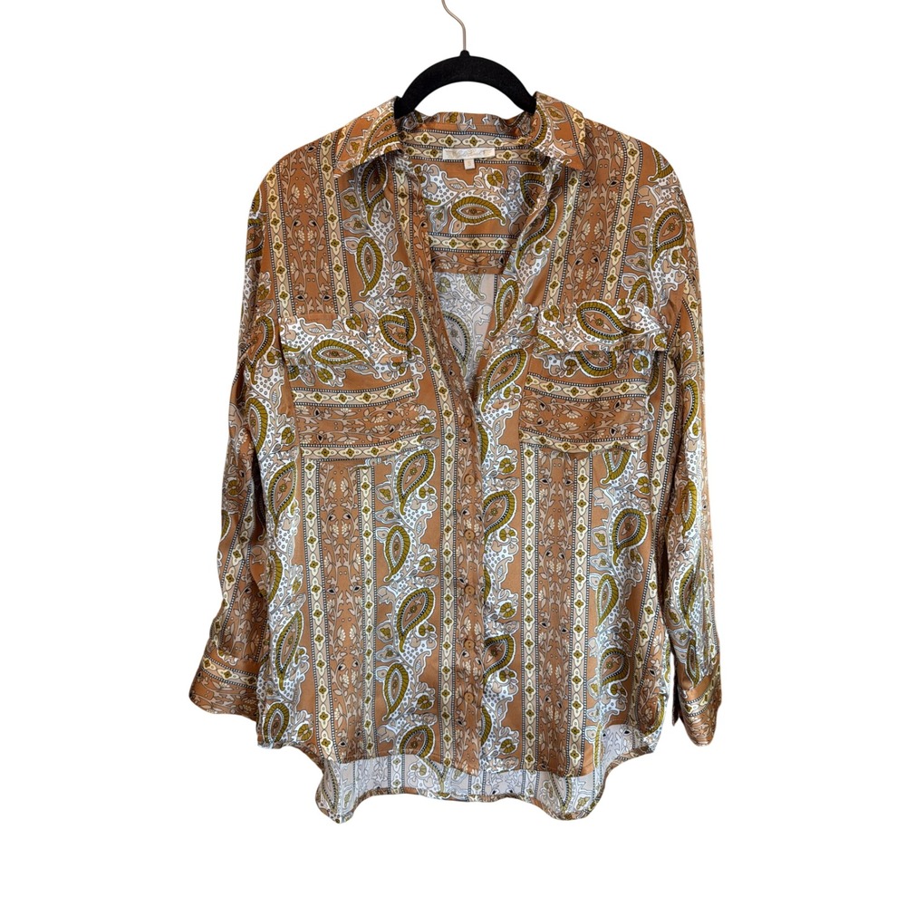 Gold Hawk Womens 100% Silk‎ Paisley Print Button Down Blouse Tan Olive Small
